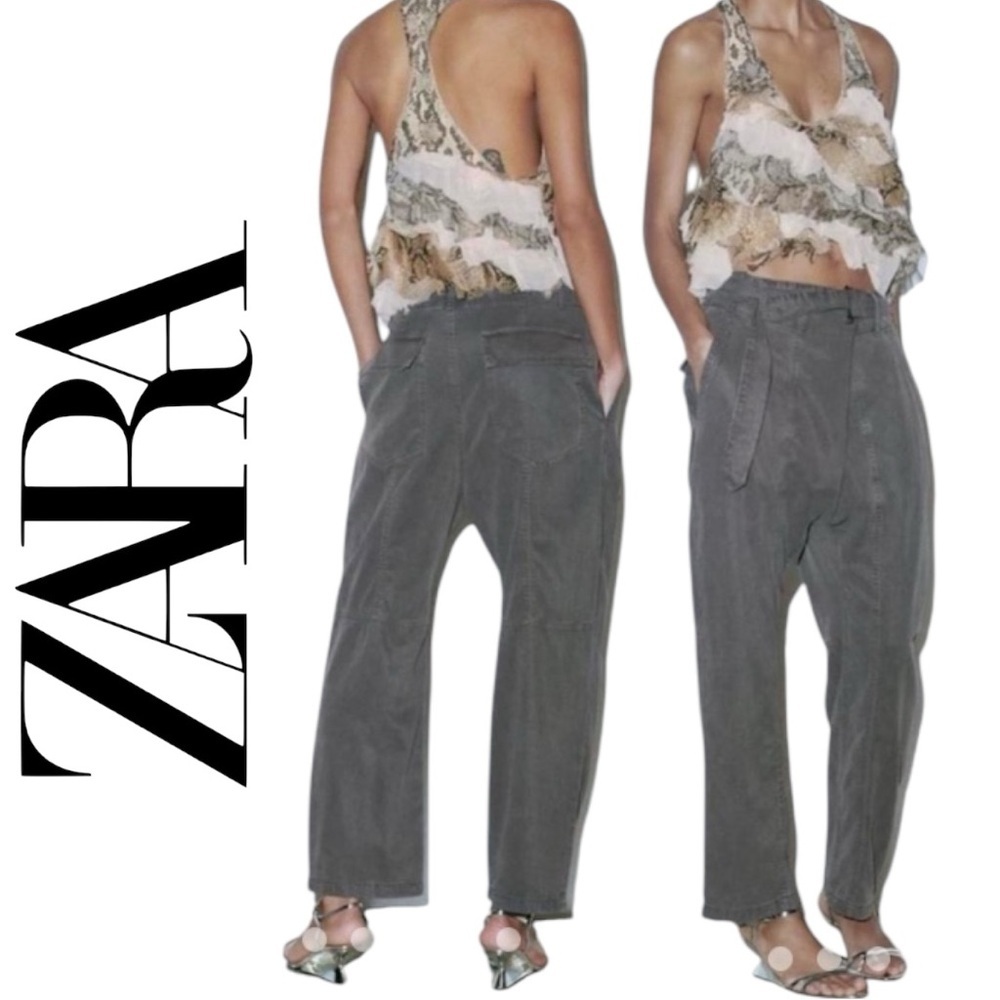 🌷Zara Cropped Belted Trousers Olive Grey High Rise Size S 3/$30